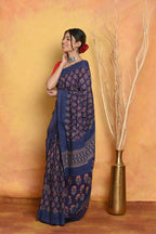 Very Much Indian Handblock Printed Cotton Saree With Natural Dyes - Blue | Grocsy