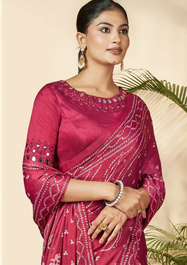 Pink Gajji Silk Bandhani Print with Mirror hand work Saree - Norita Nirvi | Grocsy