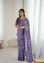 PR Fashion Lavender Bright Moss Satin Patta Printed Saree | Grocsy