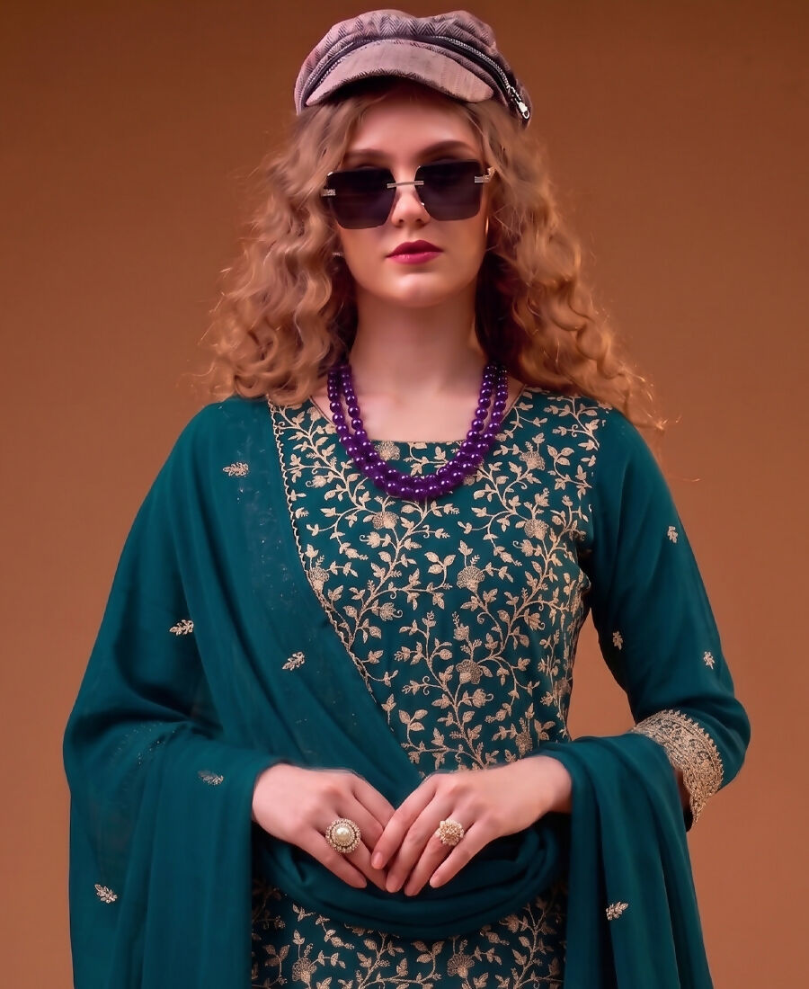 KC Teal Blue Straight Suit For Women Georgette Fabric | Grocsy