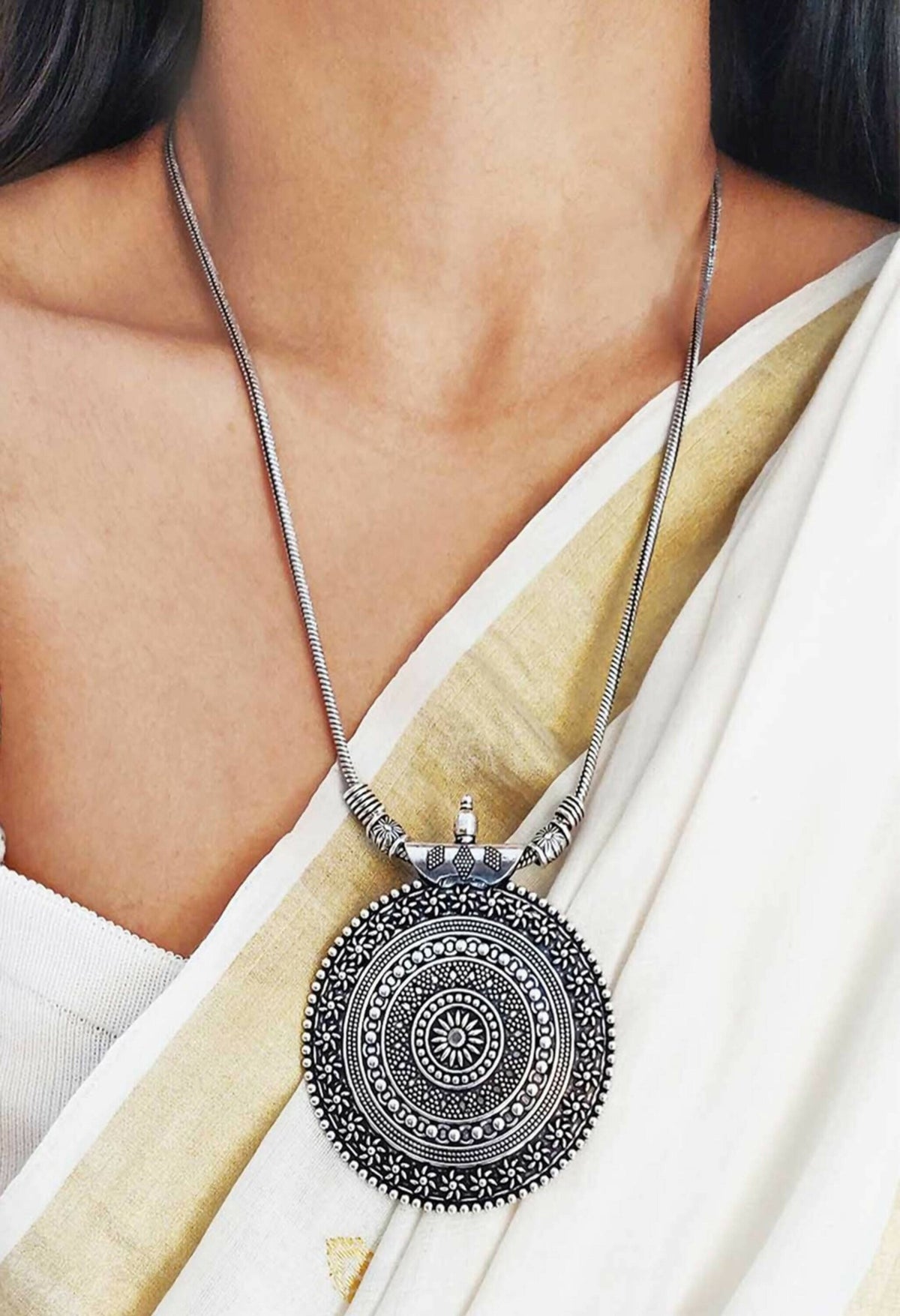 Mominos Fashion Johar Kamal Oxidised Silver-Plated Long Chain with Pendant & Studs For Women | Grocsy