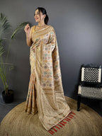 Joban Fashion Cream Intricate Floral & Woven Motifs Soft Silk Banarasi Saree | Grocsy
