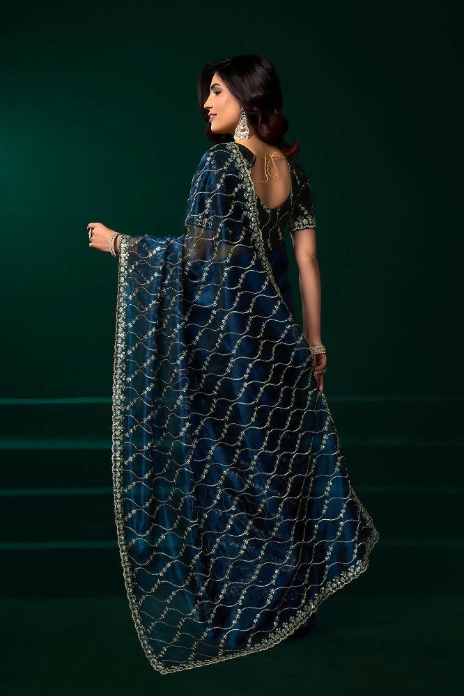 Joban Fashion Navy Blue Net Party Wear Sarees | Grocsy
