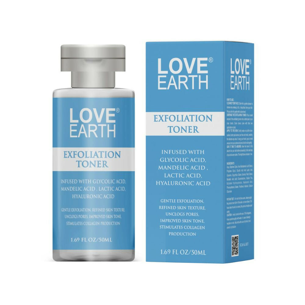 Love Earth Exfoliation Toner Infused With Glycolic Acid, Mandelic Acid, Lactic Acid, Hyaluronic Acid | Grocsy