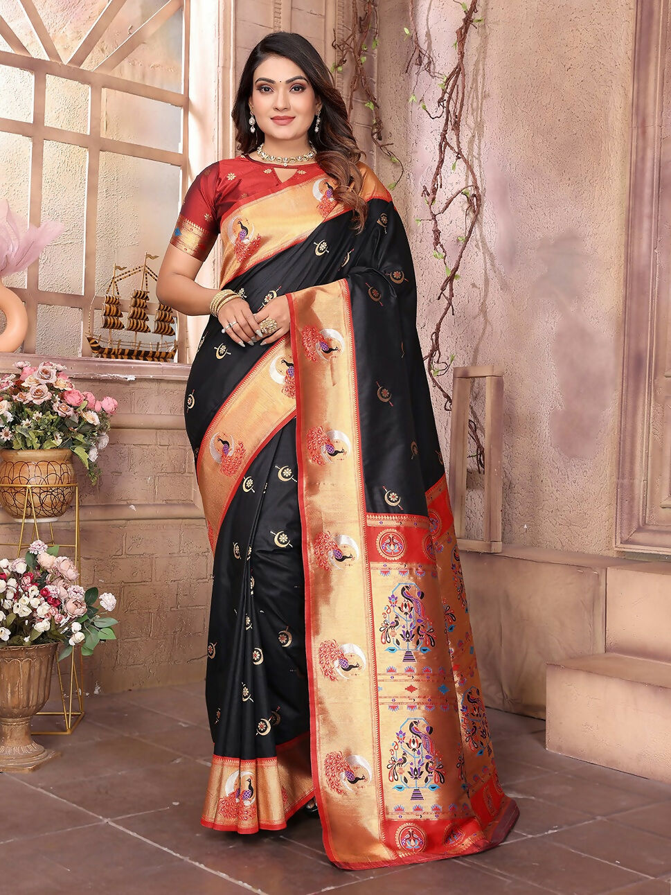 Joban Fashion Paithani Black Woven Soft Silk Saree | Grocsy