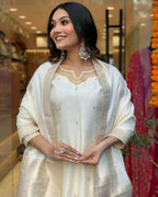 The52 White Beautiful Embroidered Viscose Chanderi Fabric Straight Kurta Pant with Dupatta Set | Grocsy