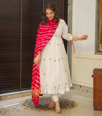 The52 Off White Women's Beautiful Chanderi Fabric Thread work Flared Anarkali with Pant And Dupatta Set | Grocsy