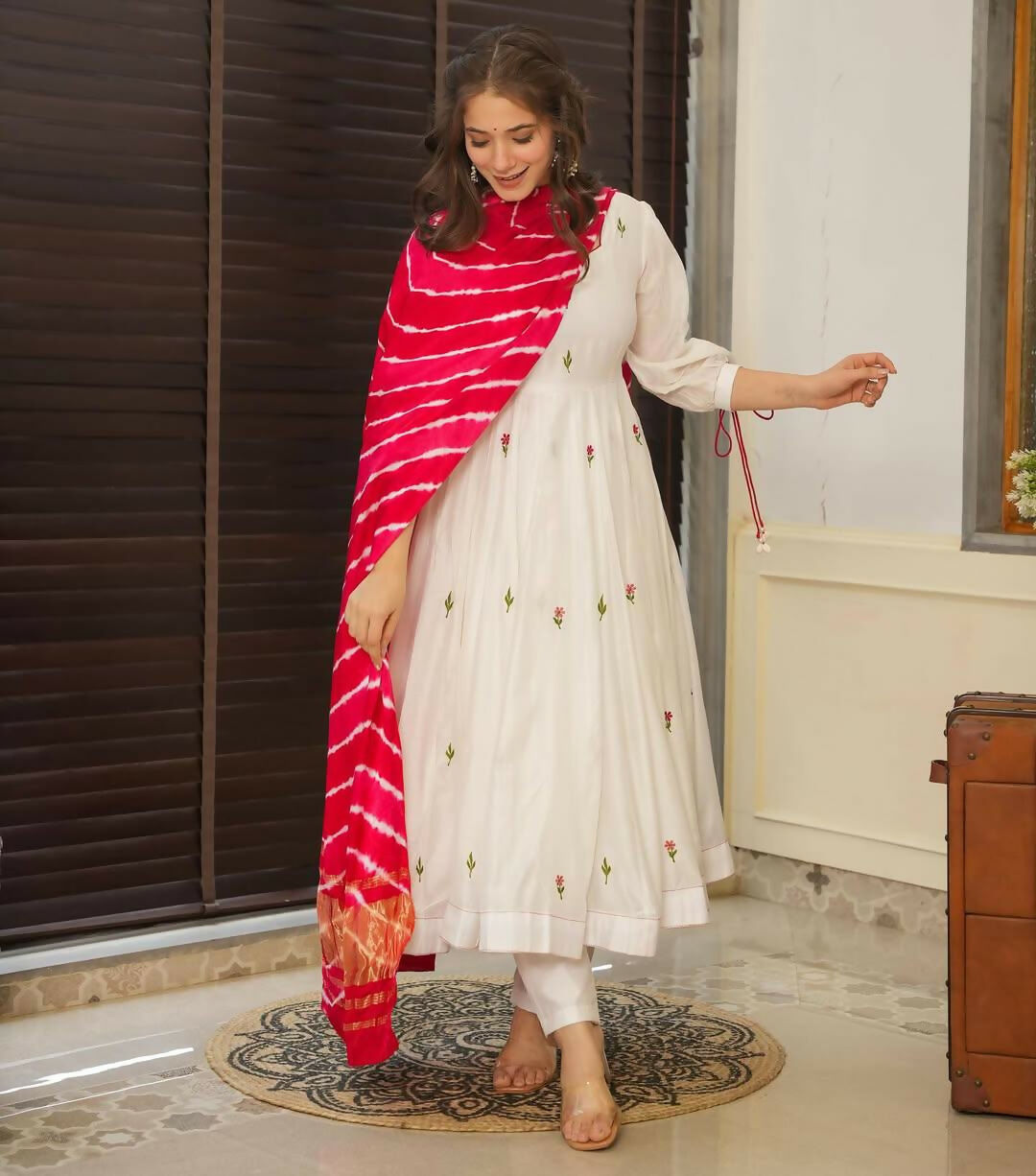 The52 Off White Women's Beautiful Chanderi Fabric Thread work Flared Anarkali with Pant And Dupatta Set | Grocsy