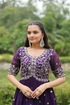 Vastranavya Premium Designer Faux Blooming with Embroidery Zari Sequins work Gown - Purple | Grocsy