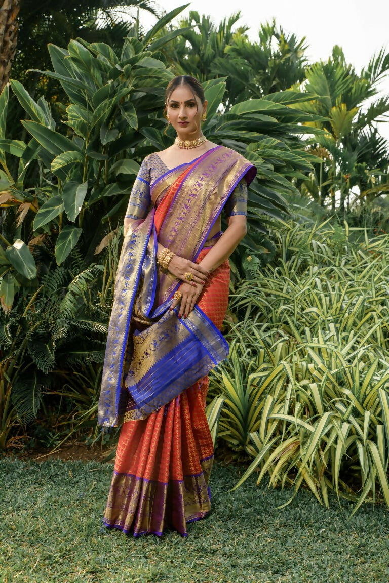 Jyoti Fashion Women's Orange Kanjivaram Silk Zari Woven Saree with Blouse | Grocsy