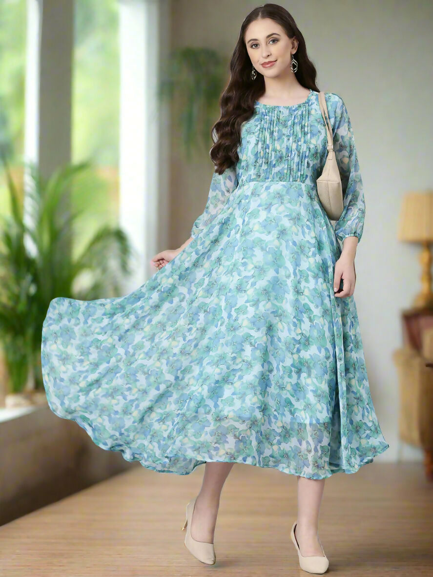 Souchii Blue Floral Chiffon Maxi Dress | Grocsy
