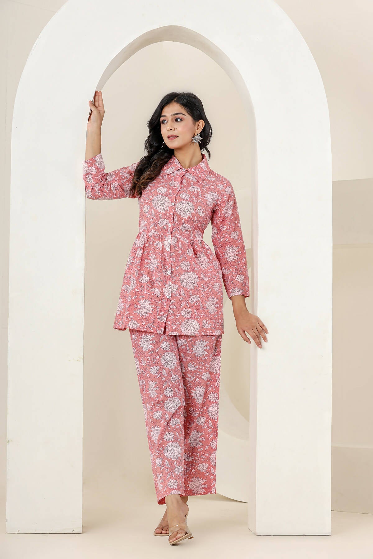 Kaajh Women's Pink Printed Cotton Co-ord Set | Grocsy