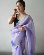 Vamsee Shirovastra Print Lavender Organza Saree | Grocsy
