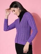 Women Pointelle Purple Acrylic Winter Cardigan - Wool Trees | Grocsy