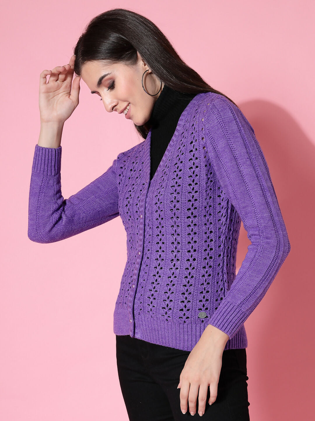 Women Pointelle Purple Acrylic Winter Cardigan - Wool Trees | Grocsy
