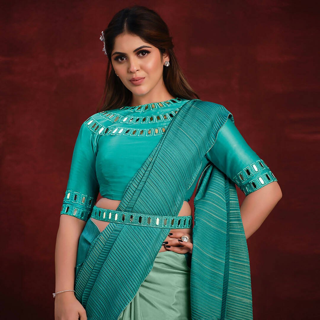 Aqua Blue Crepe Silk Georgette Mirror Thread Work/ Texture Pallu Saree - Mohmanthan Kimiya | Grocsy