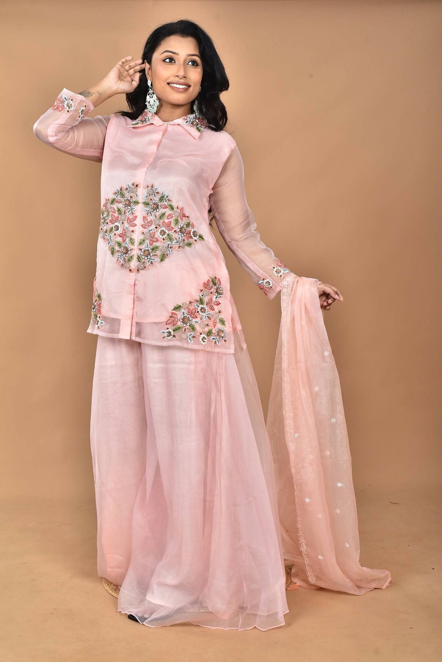 Morchari Women And Hand Embroidery Palazzo Set-Peach | Grocsy