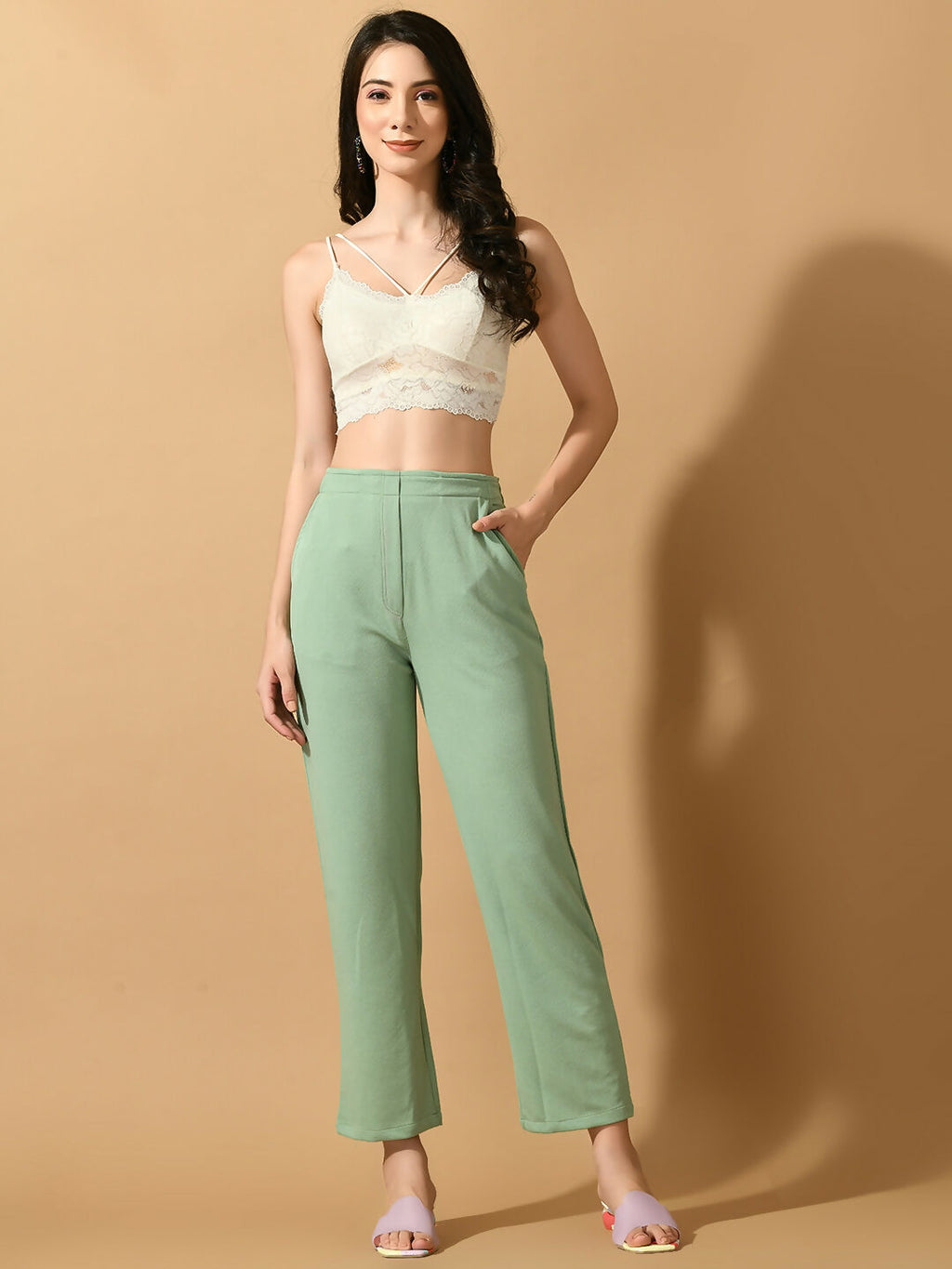 Myshka Women's Green Straight Fit Party Trouser | Grocsy