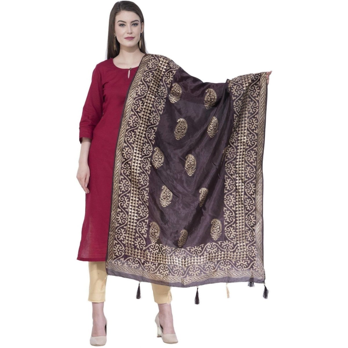 A R Silk Women's Gold Print Silk Black Dupattas and Chunnis | Grocsy