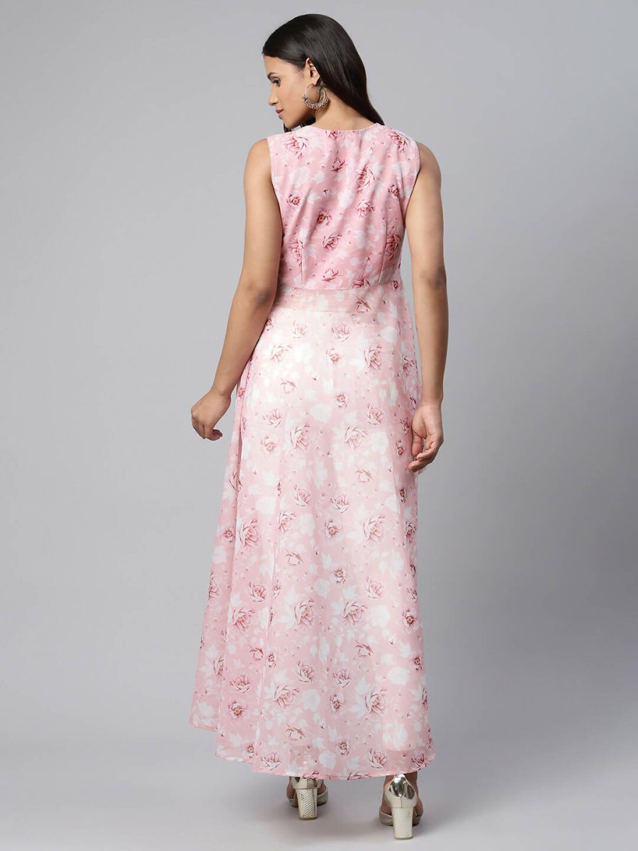 Ahalyaa Women Pink Organza Digital Printed Dress | Grocsy