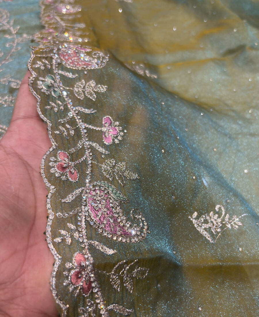 KC Heavy Embroidery Worked Two Ton Moss Silk Parrot Green Suit For Women | Grocsy