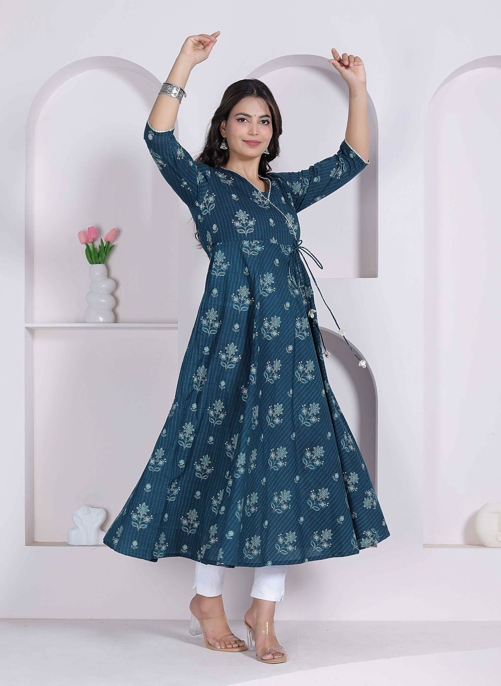 Miravan Womens Blue Ethnic Motifs Printed V-Neck Cotton Angrakha Kurta | Grocsy