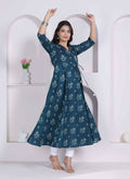 Miravan Womens Blue Ethnic Motifs Printed V-Neck Cotton Angrakha Kurta | Grocsy