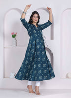 Miravan Womens Blue Ethnic Motifs Printed V-Neck Cotton Angrakha Kurta | Grocsy