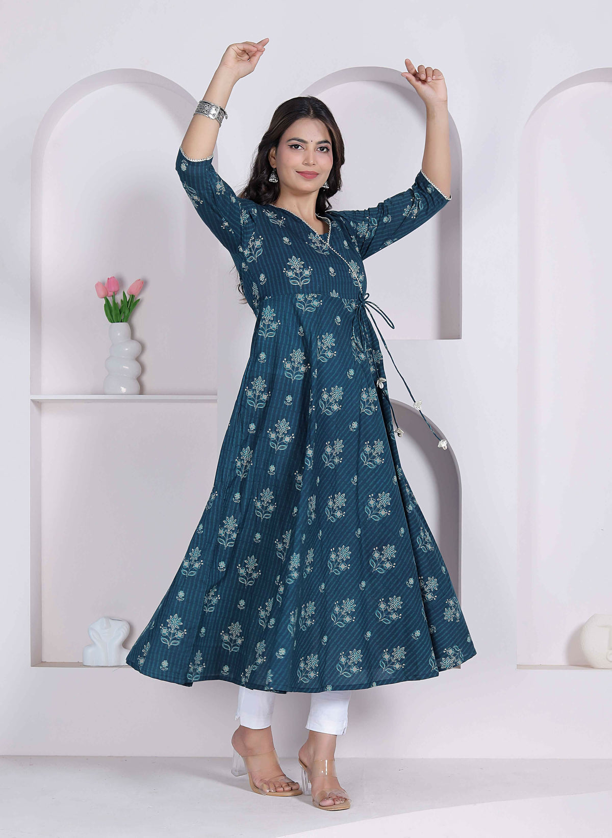 Miravan Womens Blue Ethnic Motifs Printed V-Neck Cotton Angrakha Kurta | Grocsy