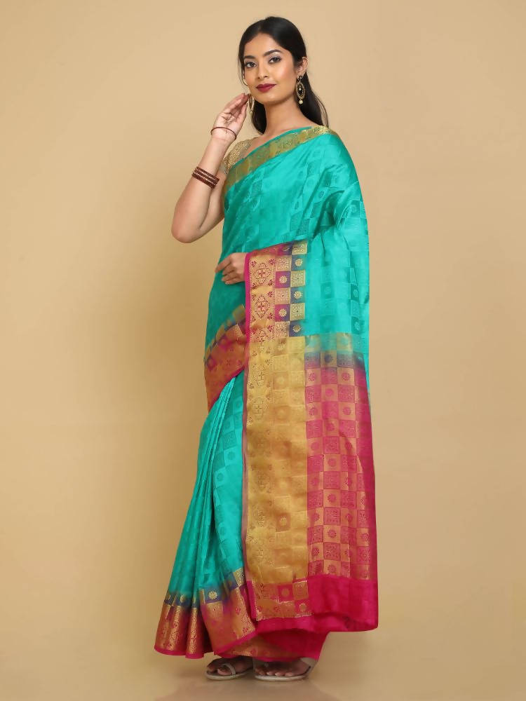 Kalamandir Checked Green Pashmina Saree | Grocsy