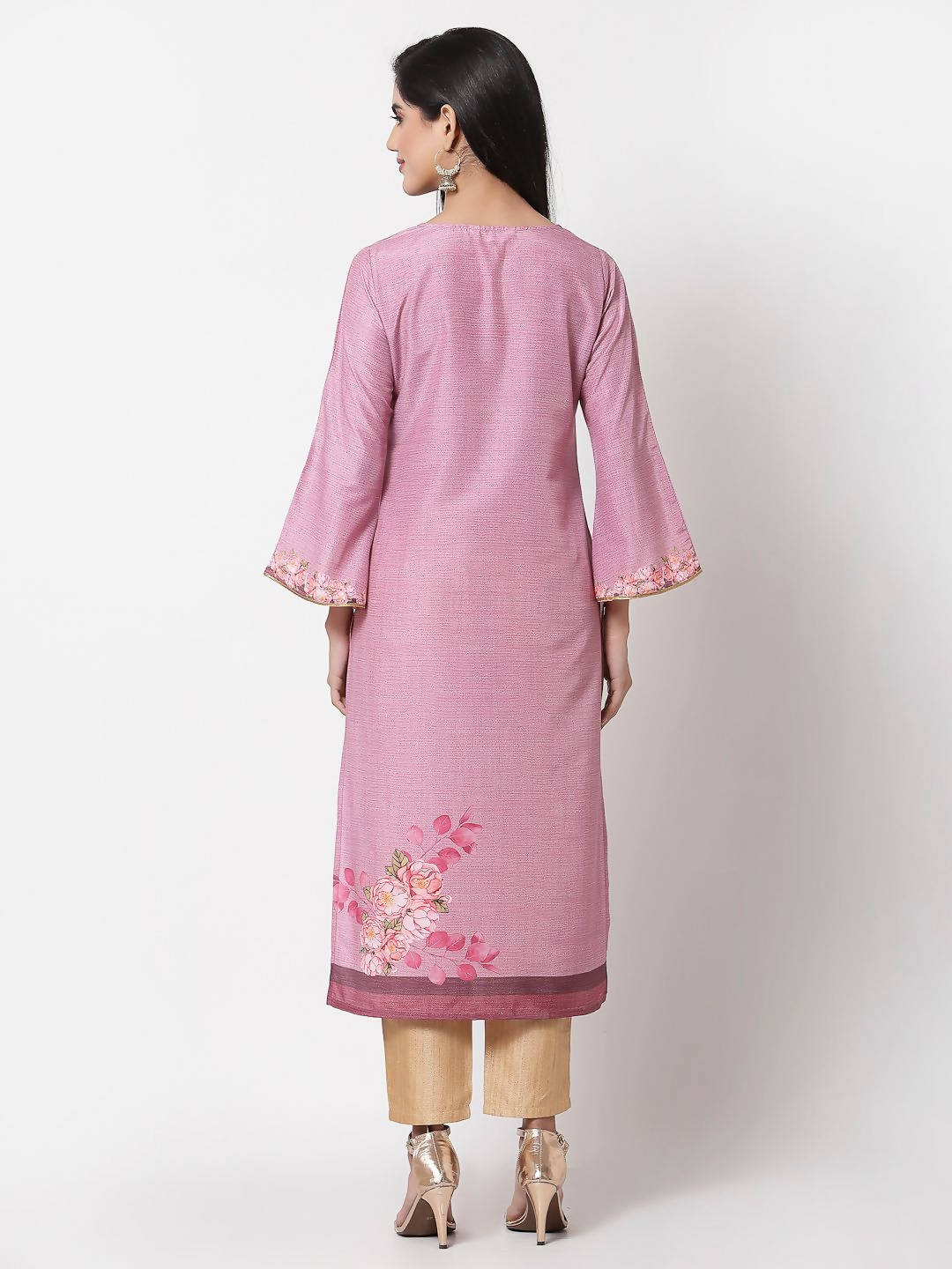 Myshka Pink Cotton Printed Full Sleeve Round Neck Casual Kurta | Grocsy