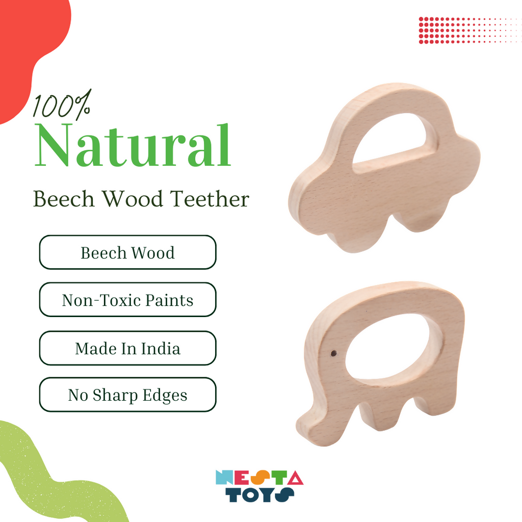 Nesta Toys Wooden Car & Elefant Teether Set, Beech Wood Teether for Babies | Grocsy