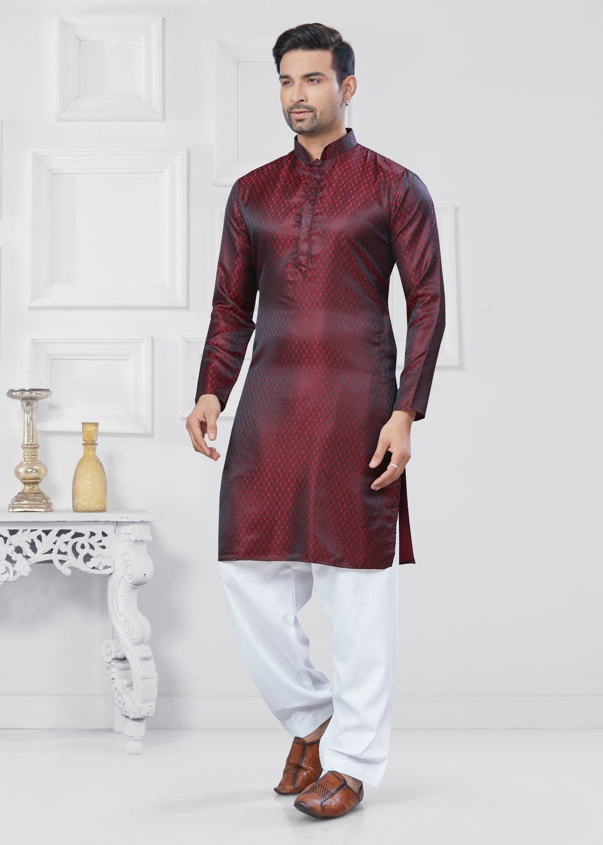 Joban Fashion Men's Jacquard Silk Marron Printed Kurta Pyjama set | Grocsy