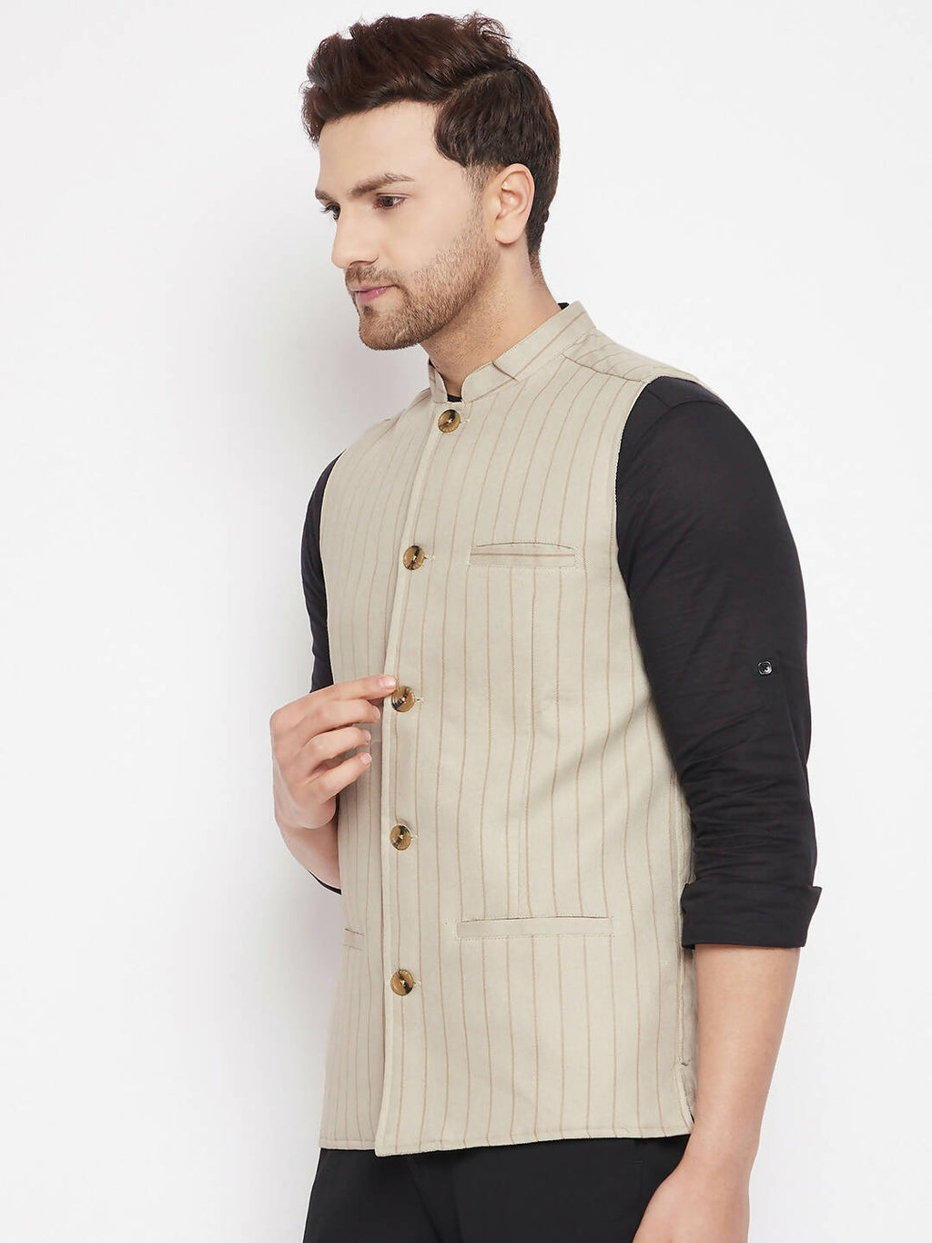 Even Apparels Beige Linen Blend Men Woven Nehru Jacket | Grocsy