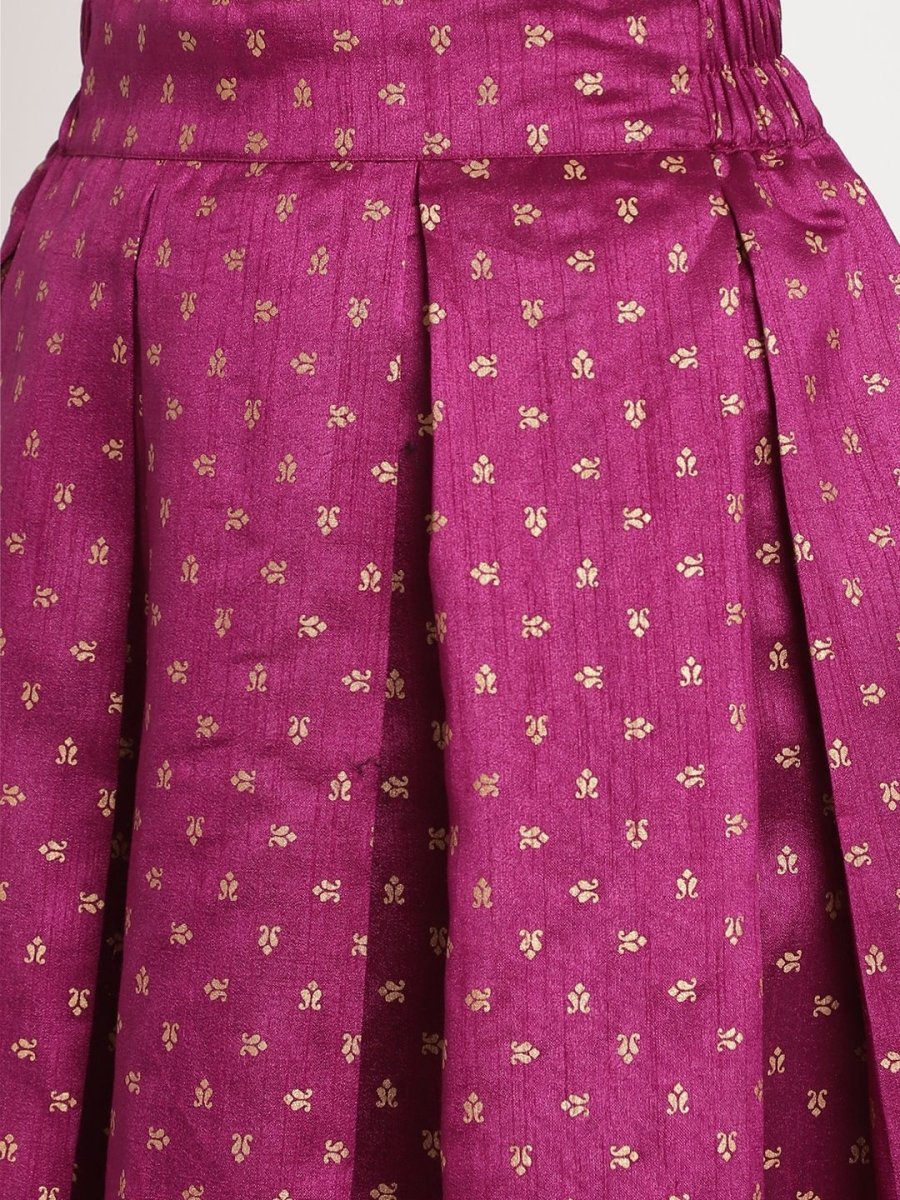 Ahalyaa Women's Pink Poly Silk Gold Foil Print Top With Skirt | Grocsy