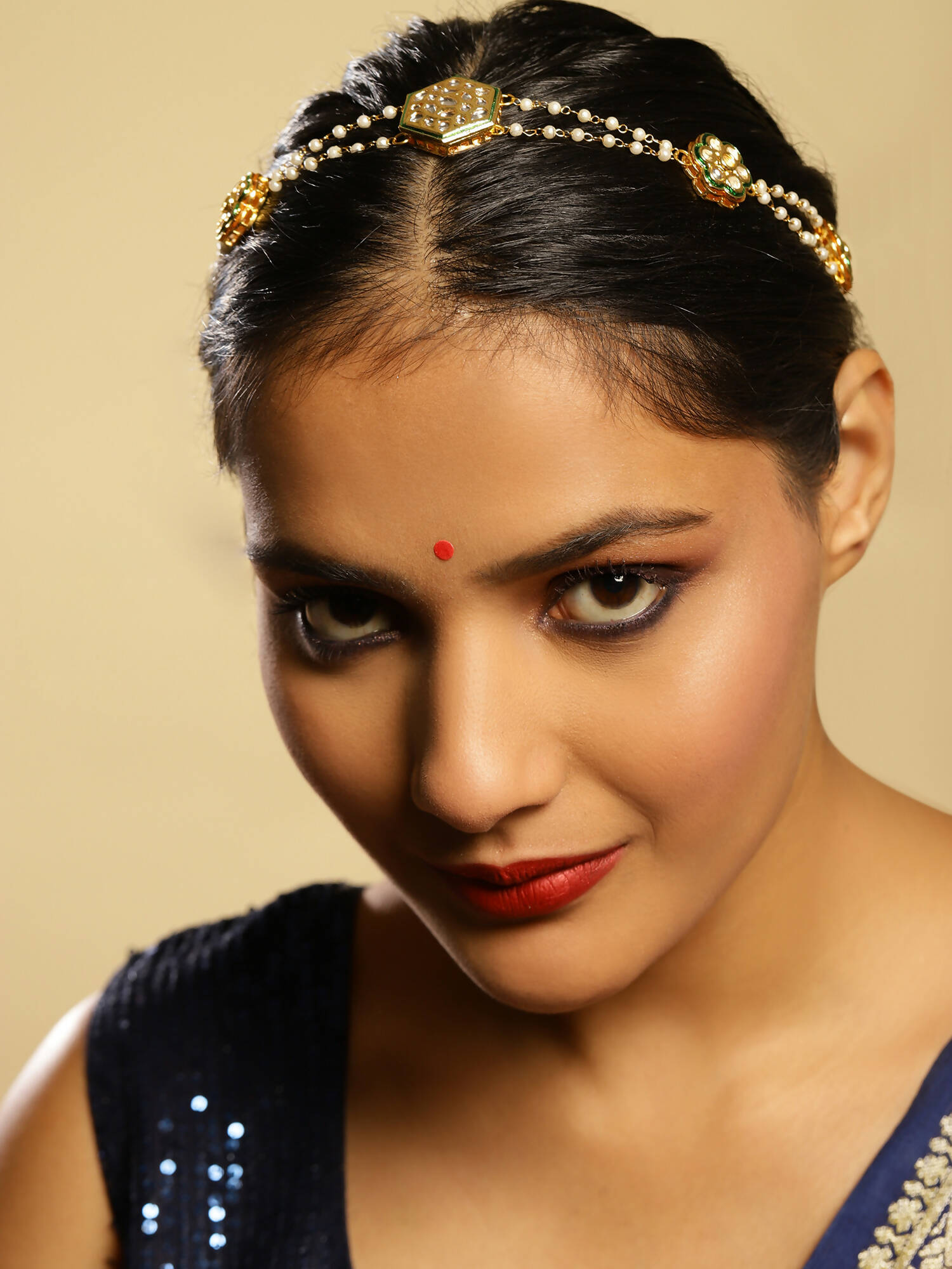 Gold-Polished White Kundan-Studded Pearl Beaded Hair Band - Ruby Raang | Grocsy