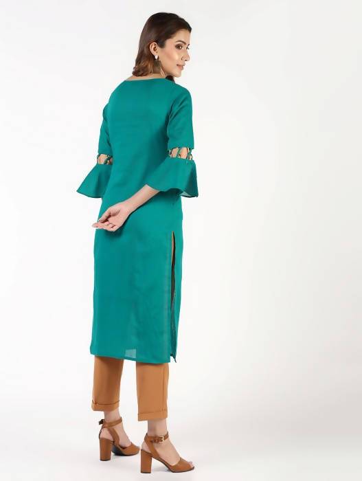 Aniyah Cotton Criss Cross Bell Sleeves Blue Straight Kurta (AN-143K) | Grocsy