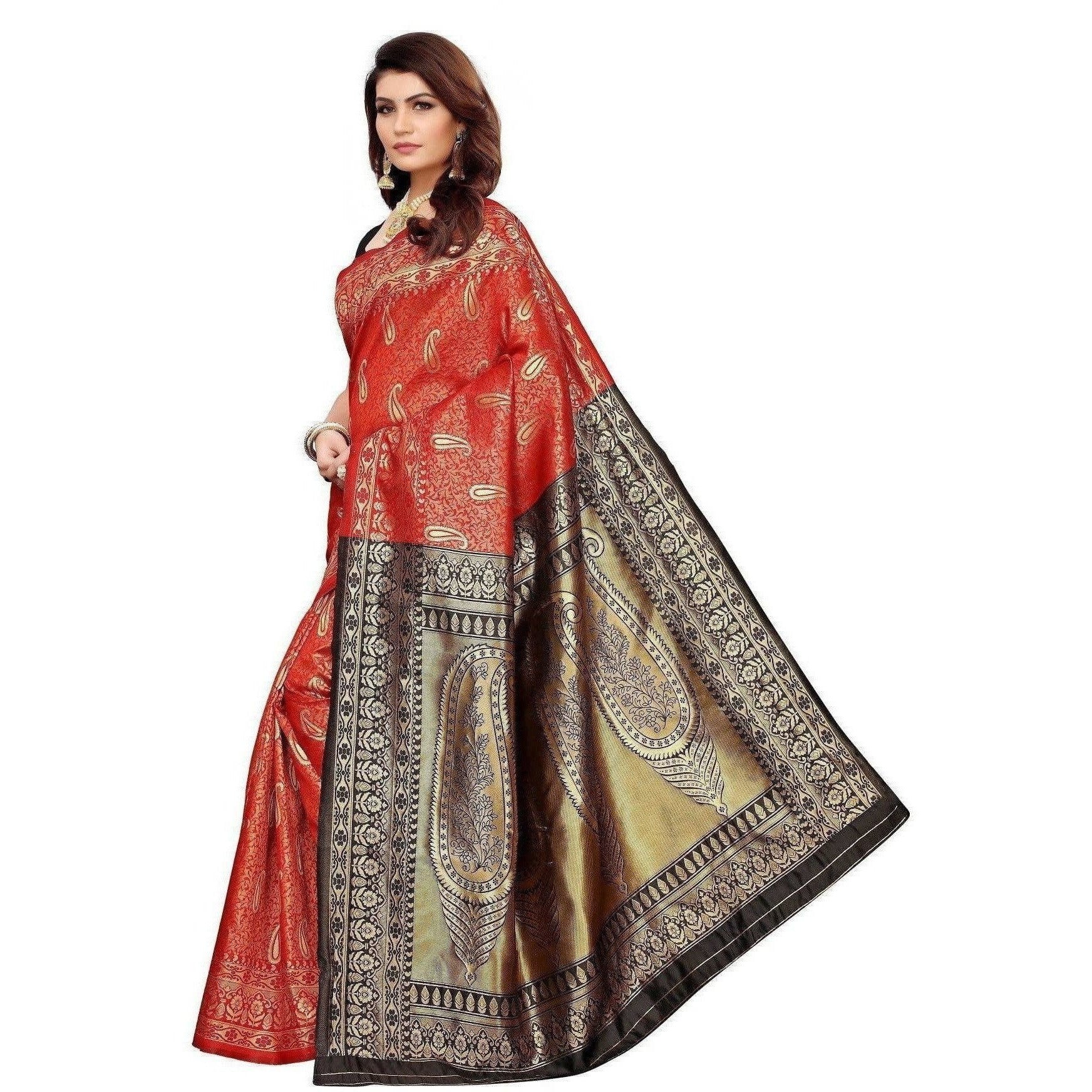 Vamika Banarasi Jaquard Red Weaving Saree (BANARASI 03) | Grocsy