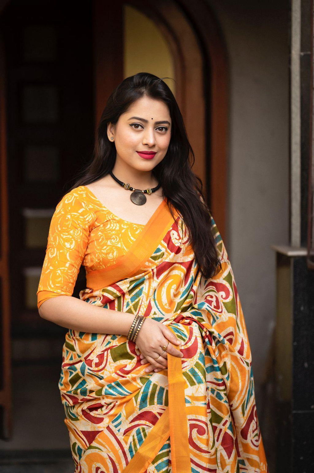 Mustard Cotton Crepe Batik Print Saree with Unstitched Blouse - Hiral Fashion | Grocsy
