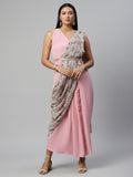 Ahalyaa Women Baby Pink Crepe Georgette Saree Dress With Printed Pallu | Grocsy