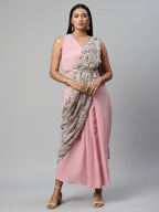 Ahalyaa Women Baby Pink Crepe Georgette Saree Dress With Printed Pallu | Grocsy