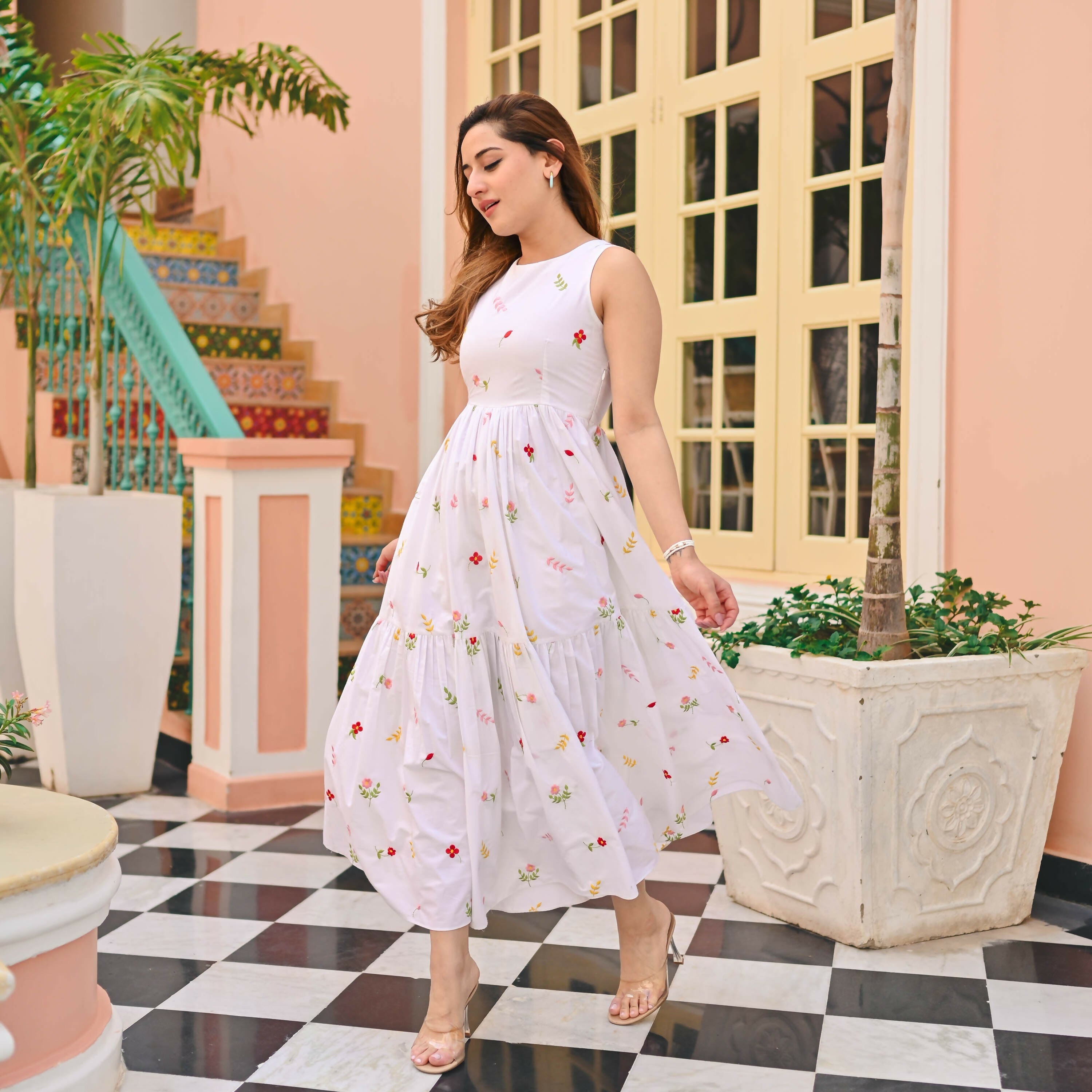 The52 Women's Gorgeous Thread work Cotton Rayon Fabric Flared Dress | Grocsy