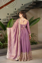 Teeya Creation Onion Color Fendy Silk Wedding Wear Embroidery Work Long Gown | Grocsy