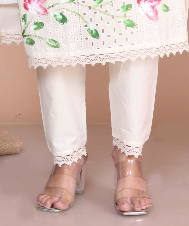 Miravan Women's Cream Hand Block Cotton Pakistani Kurta Palazzo With Dupatta Set | Grocsy