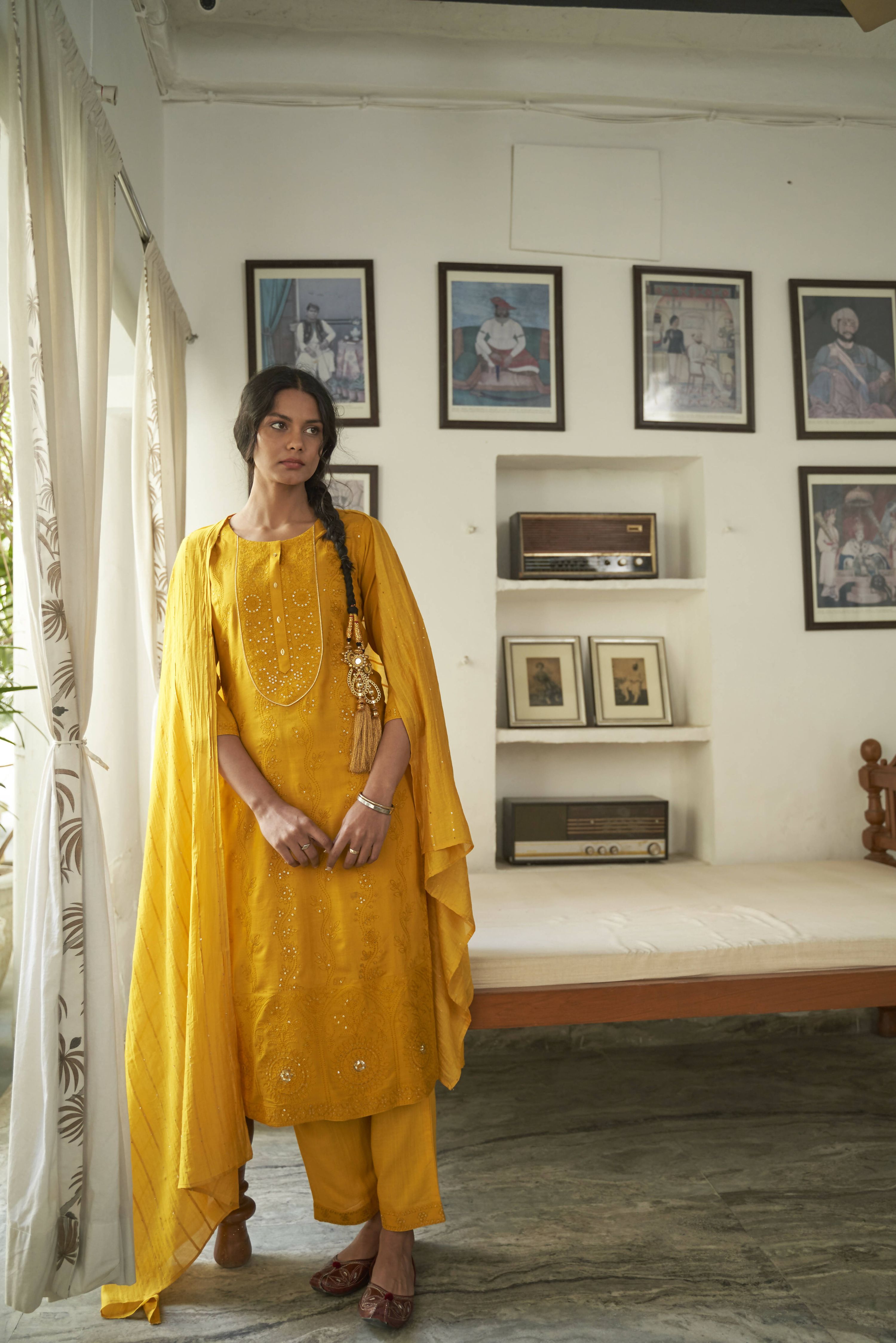 Mustard Rayon Sequence Embroidery work Straight kurta with Pant & Dupatta - Akashara | Grocsy