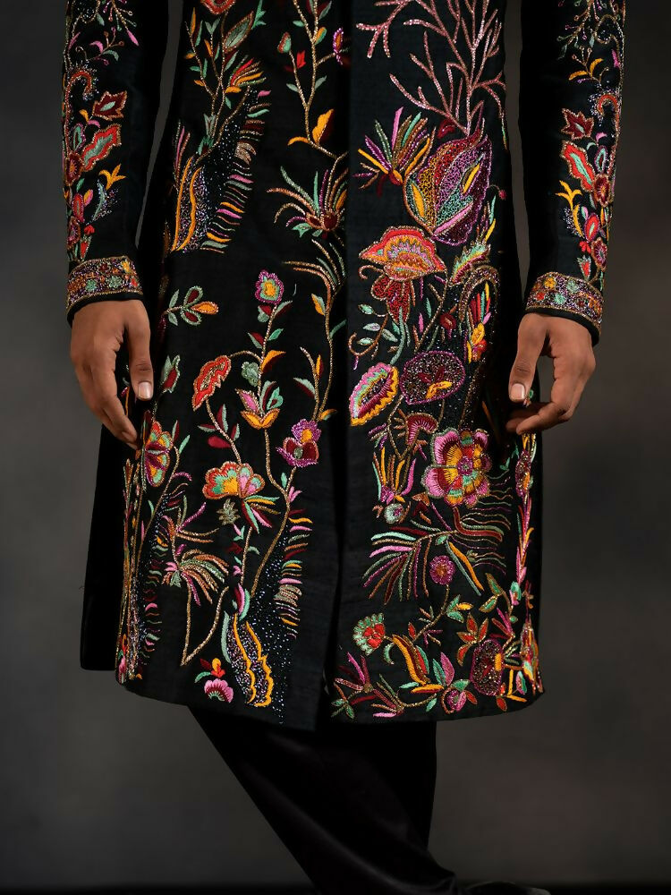 Black Tides Hand Embroidered Indowestern Sherwani by Hilo Design | Grocsy