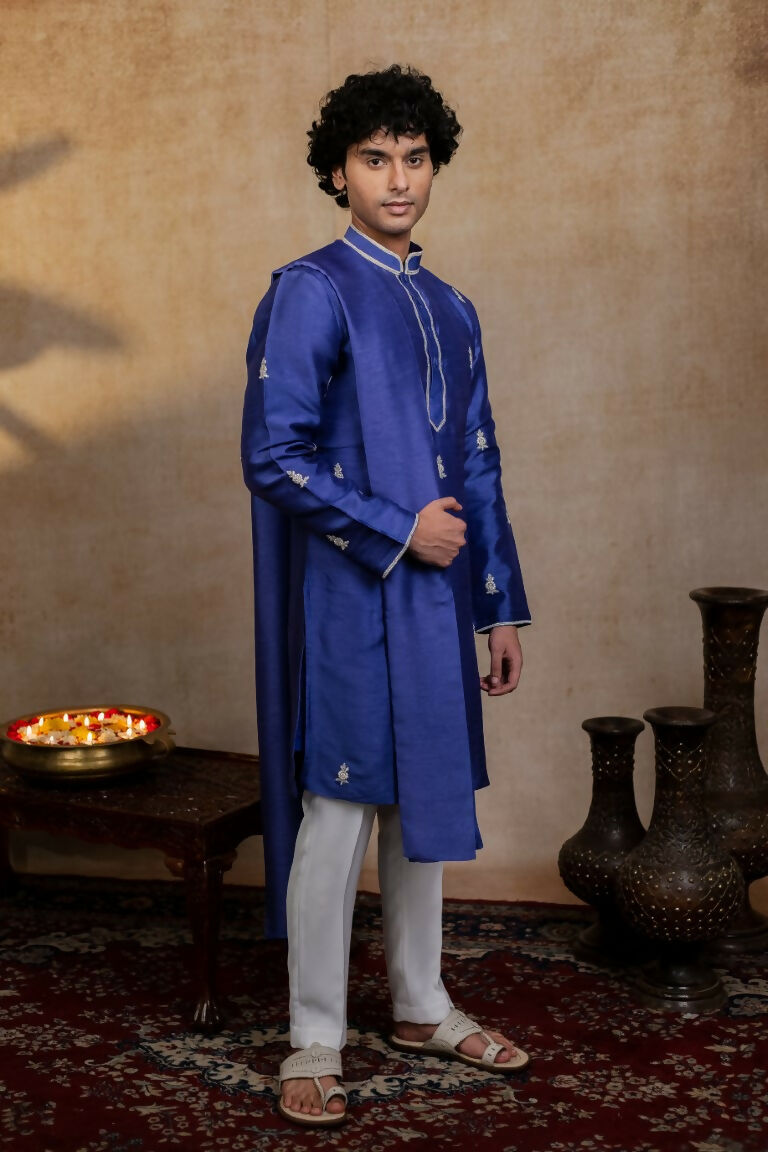 Falling Raw Silk Dark Blue Silver Stitches Kurta Set By Hilo Design | Grocsy