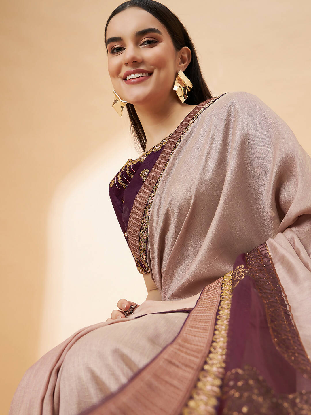 Beige, Purple Tussar Silk Zari, Thread And Cord Embroidery, Laser Cut Applique Saree - Norita Hit Design | Grocsy
