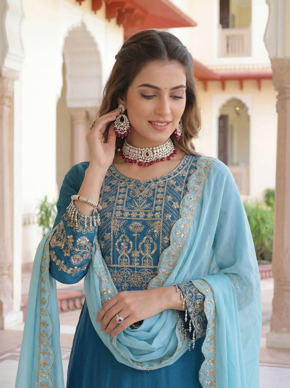 Joban Fashion Blue Silk Embroidered Sharara Set | Grocsy