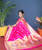 Jyoti Fashion Women's Pink Paithani Silk Zari Woven Saree with Blouse | Grocsy